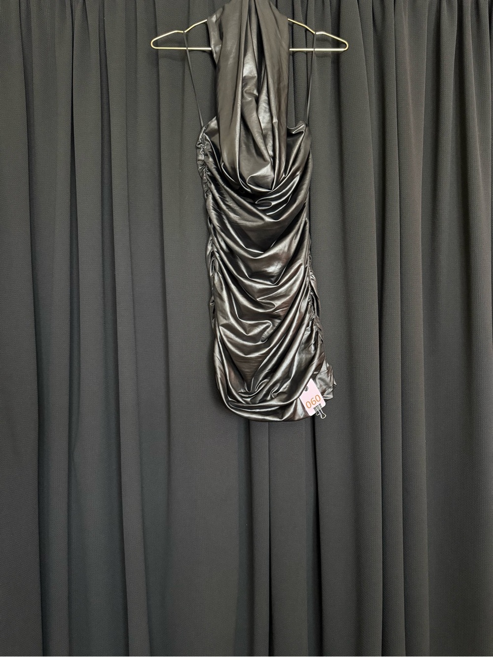 Black Satin Cowl Neck Ruched Halter Mini Dress